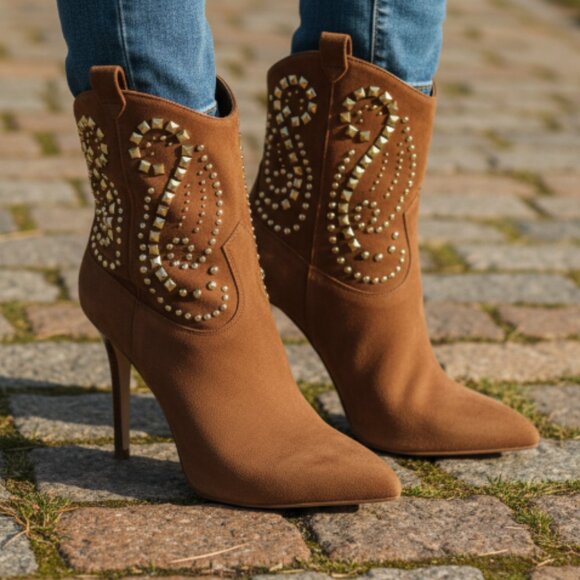 NEW Michael Michael Kors, Reena Studded Suede Ankle Boot, Brown - Picture 1 of 10
